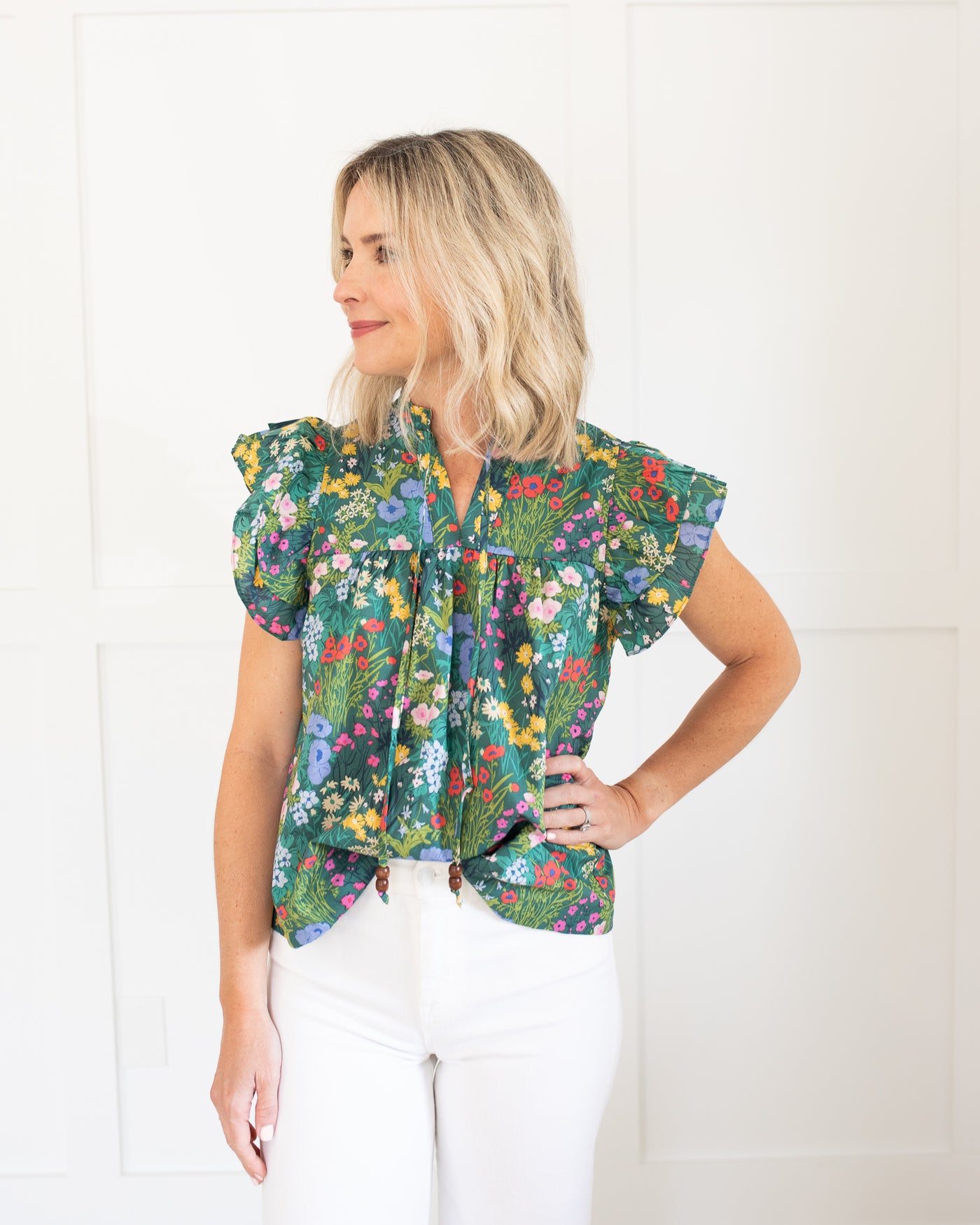 Green Ruffle Sleeve Floral Top