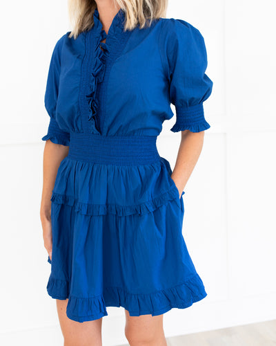 Cobalt Blue Ruffle Neckline Mini Dress with Smocked Waist