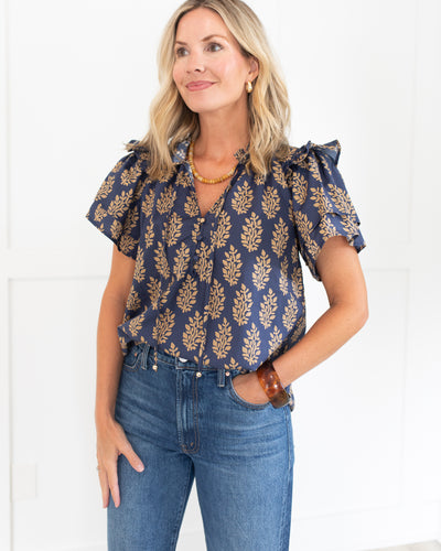Navy and Tan Botanical Tiered Top