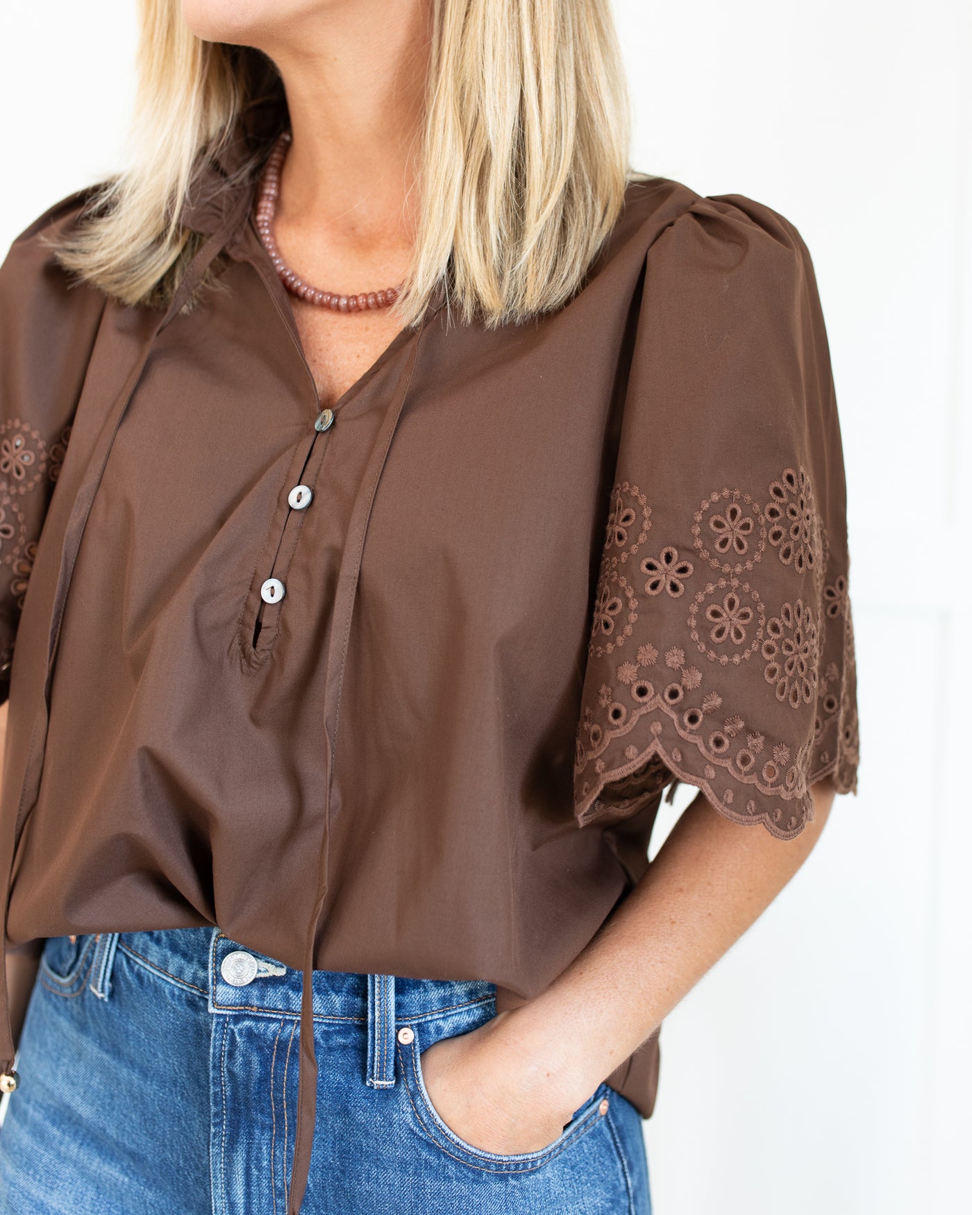 Brown Eyelet Scallop Sleeve Top