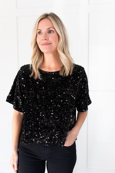 Black Sequin Short Sleeve Top