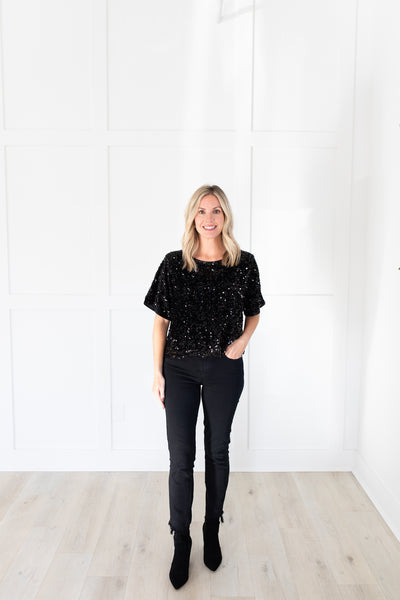 Black Sequin Short Sleeve Top