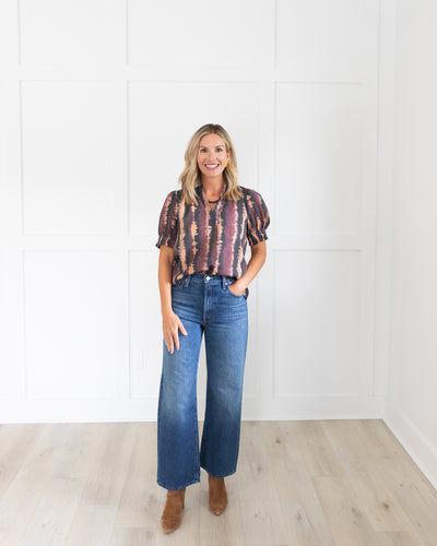 Wine, Black and Tan Tie Dye Puff Sleeve Top