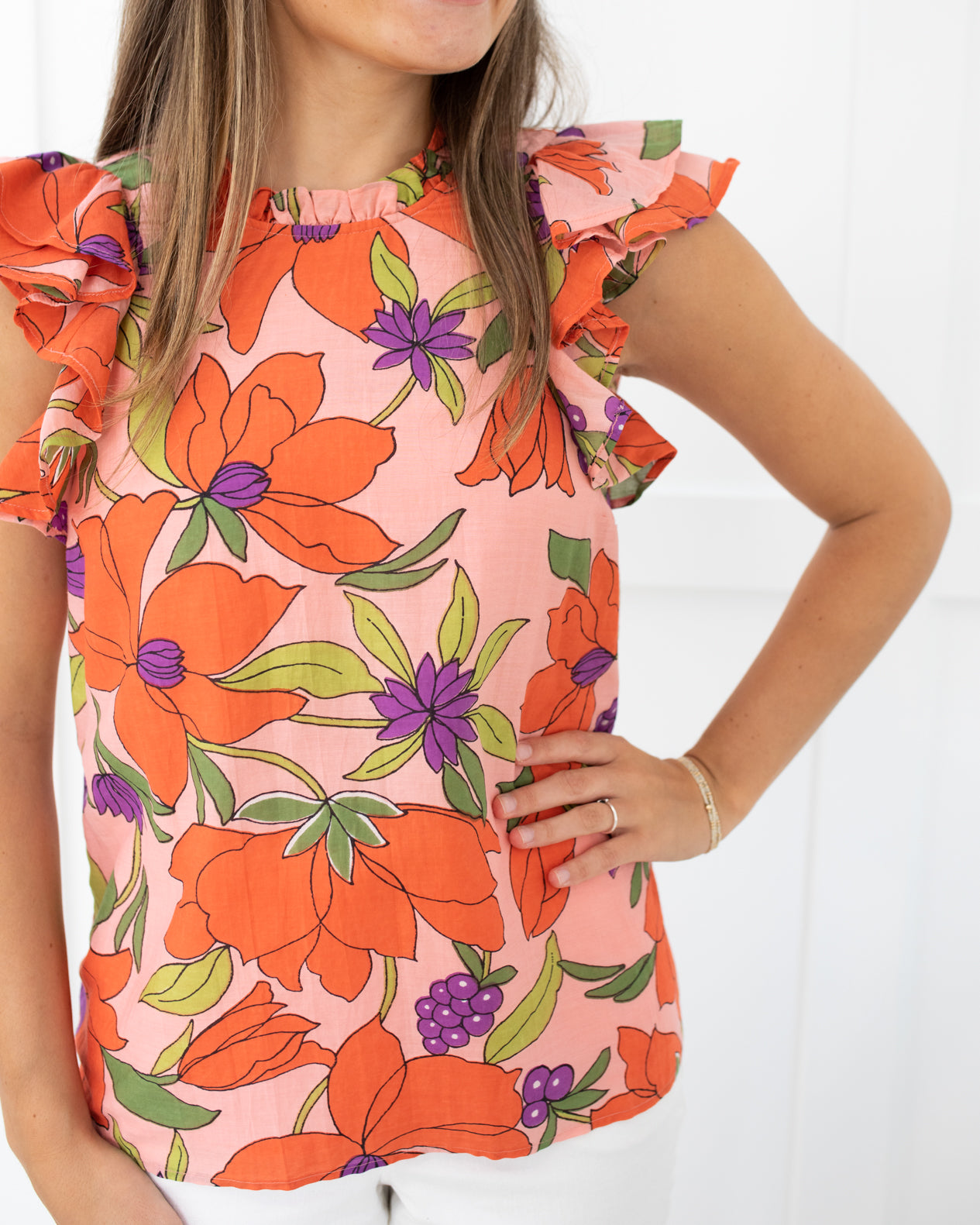 Bright Coral Large Floral Blouse