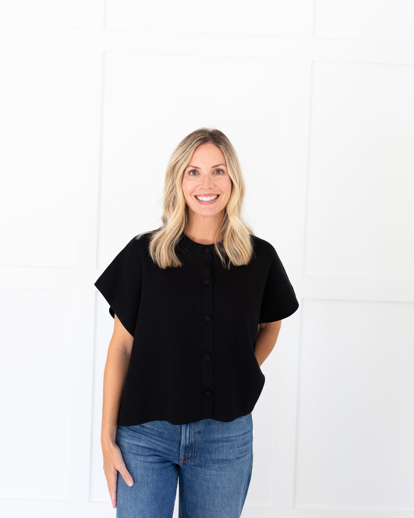 Black Knit Soft Short Sleeve Sweater w/Buttons