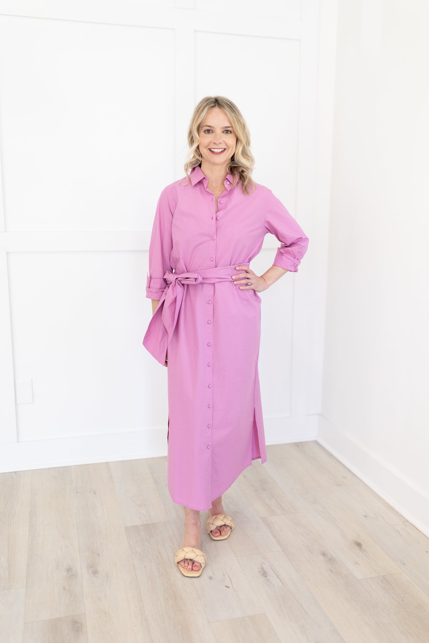 Pink Button Down Maxi Dress with Tie