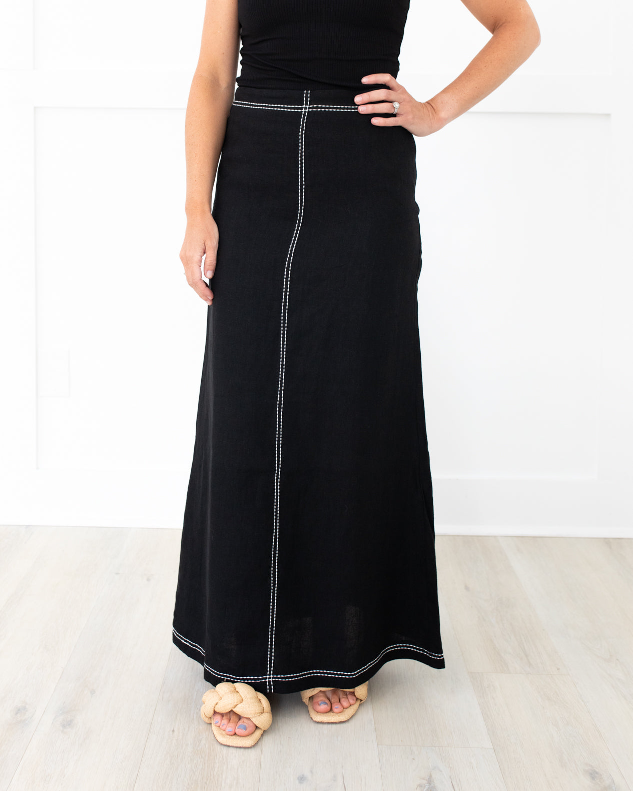 Black with White Stitching Linen Maxi Skirt