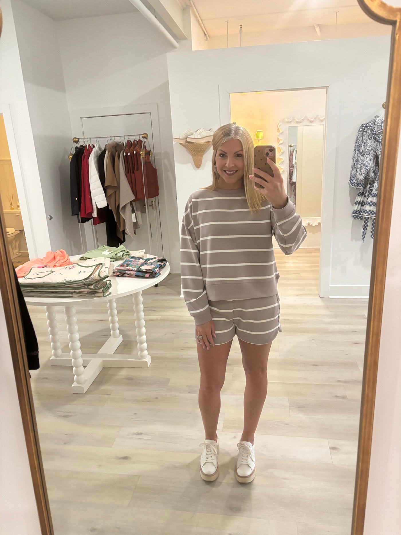 Mocha & Cream Stripe Sweatshirt & Shorts Set