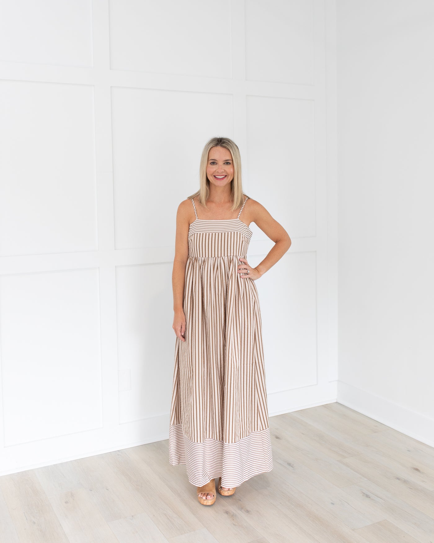 Khaki and White Striped Maxi Dress