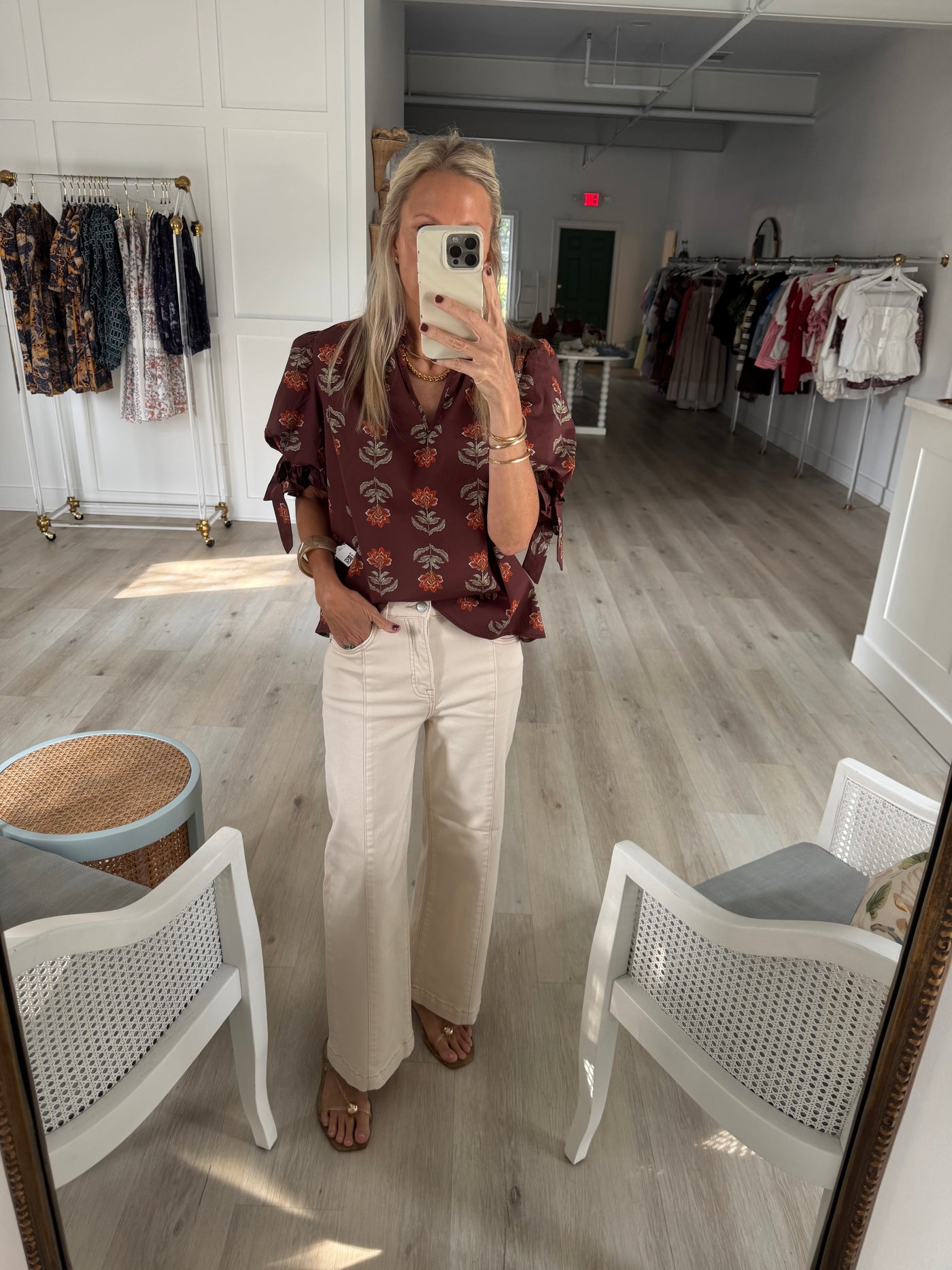 Brown and Orange Floral Ruffle Neck Top