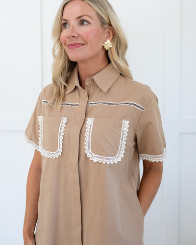 Tan Collared Short Dress with Lace Detail