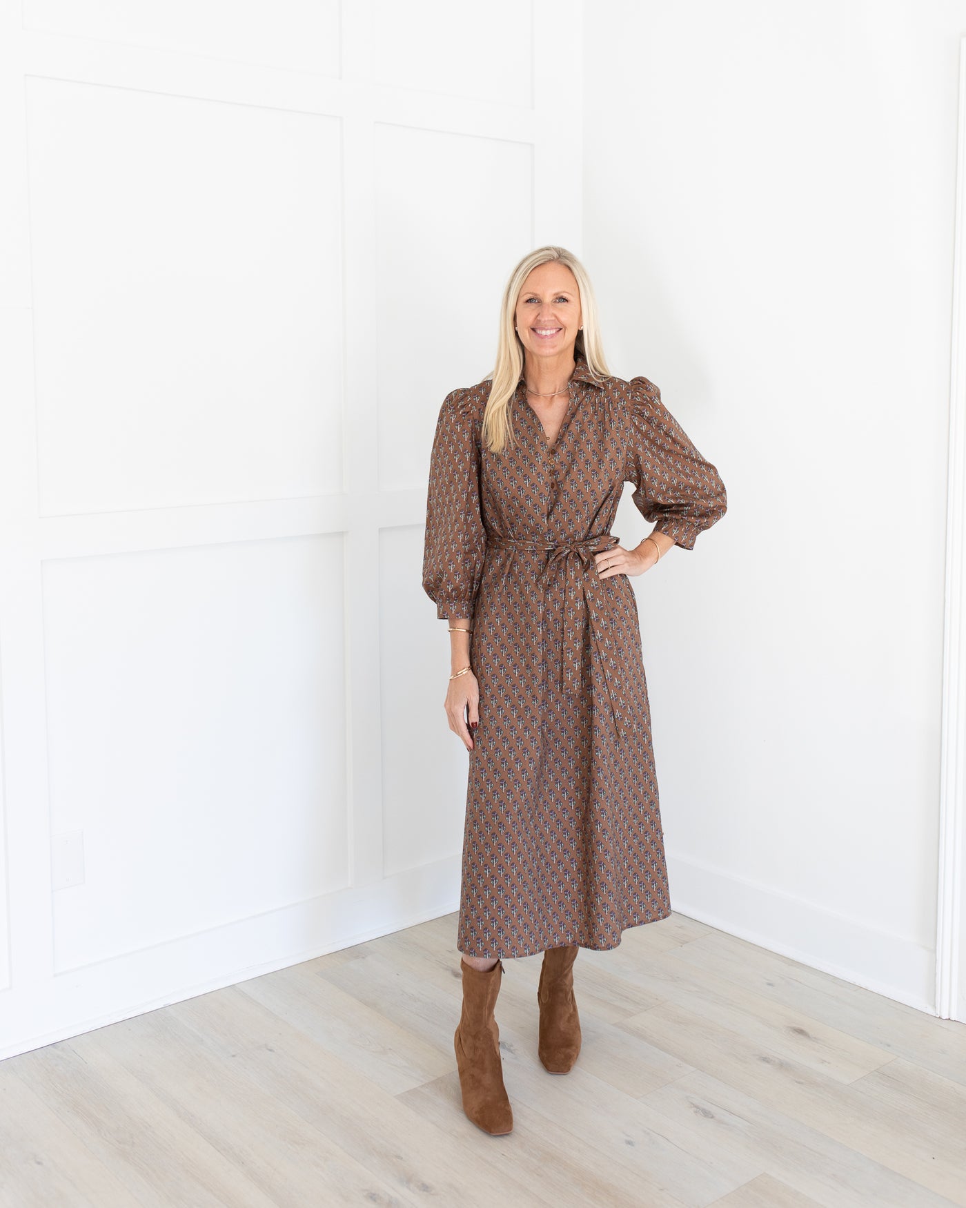 Latte Floral Tie Waist Midi Dress