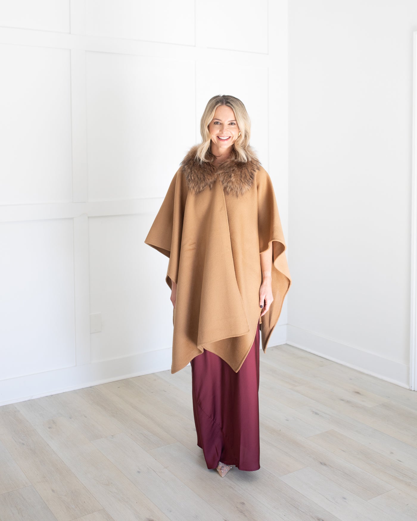 Cashmere Cape in Camel with Fur Collar