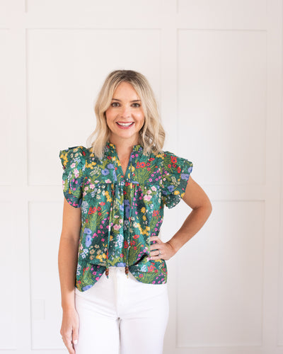 Green Ruffle Sleeve Floral Top