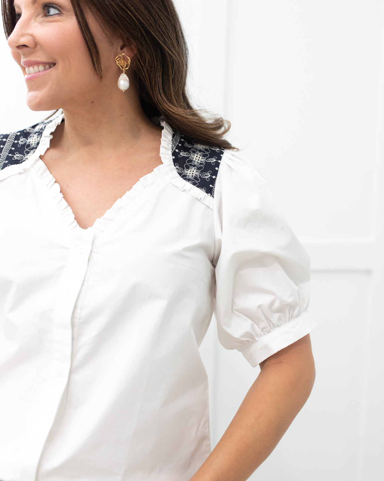 White Button Down with Navy Embroidered Shoulders