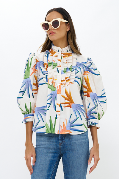 Oliphant Ruffle Front Button Blouse in Fortuna Green