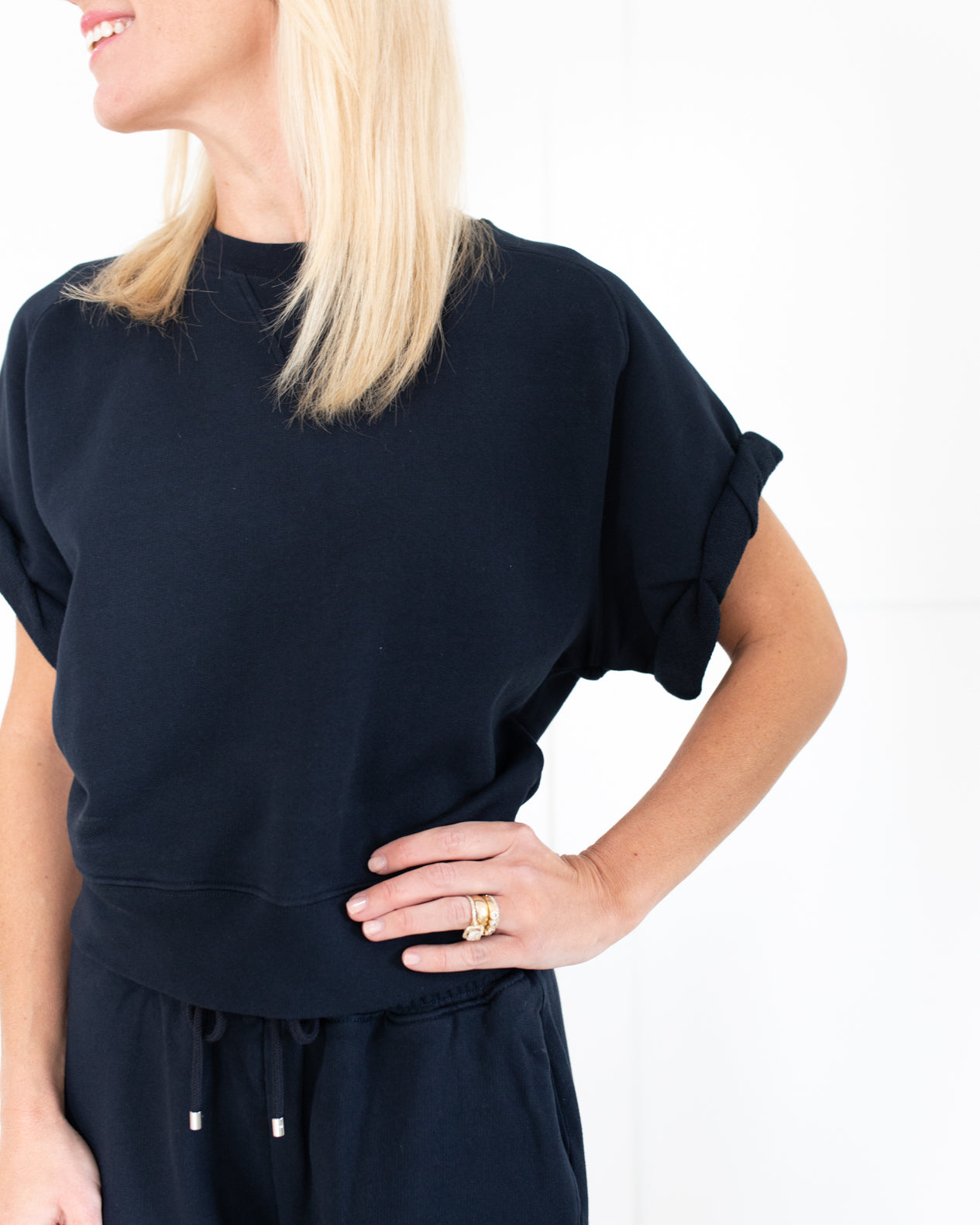 Slouchy Rolled Sweatshirt and Cropped Wide Leg Sweatpants Set in Navy by Frame