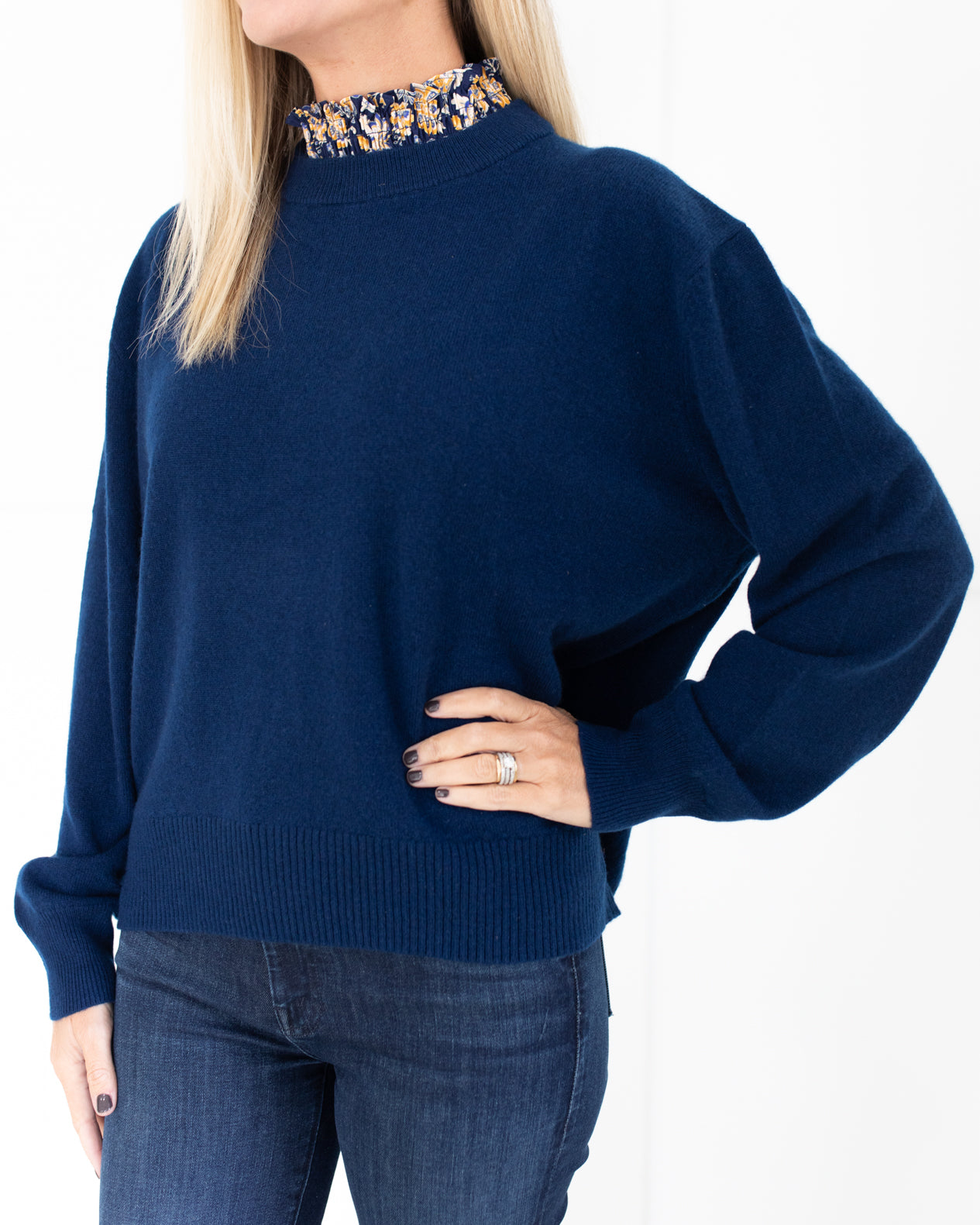 Navy Caden Cashmere Sweater with Smocked Neck