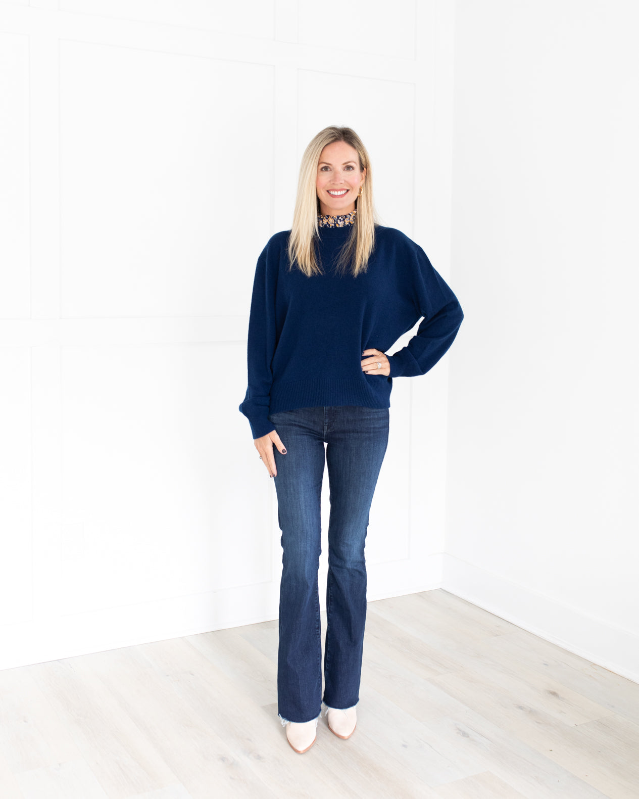Navy Caden Cashmere Sweater with Smocked Neck