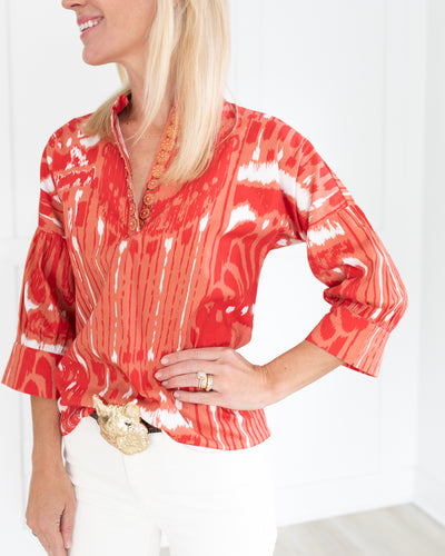 Drew Blouse in Coral Moroccan Ikat by SHERIDAN FRENCH