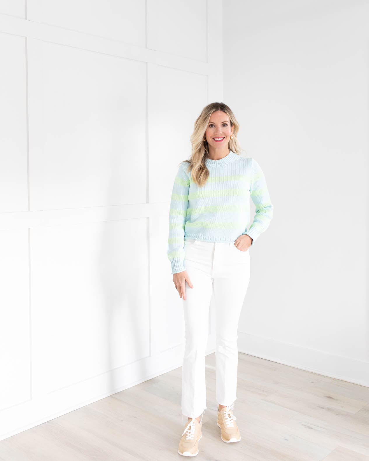 Lime and Blue Cotton Striped Crewneck Sweater