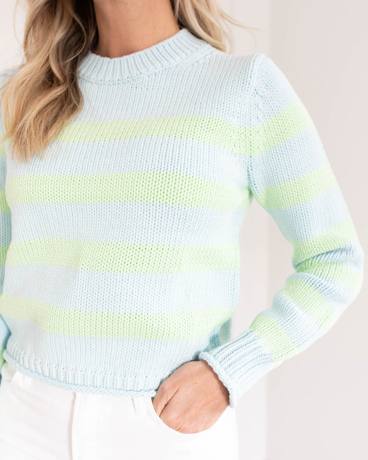 Lime and Blue Cotton Striped Crewneck Sweater