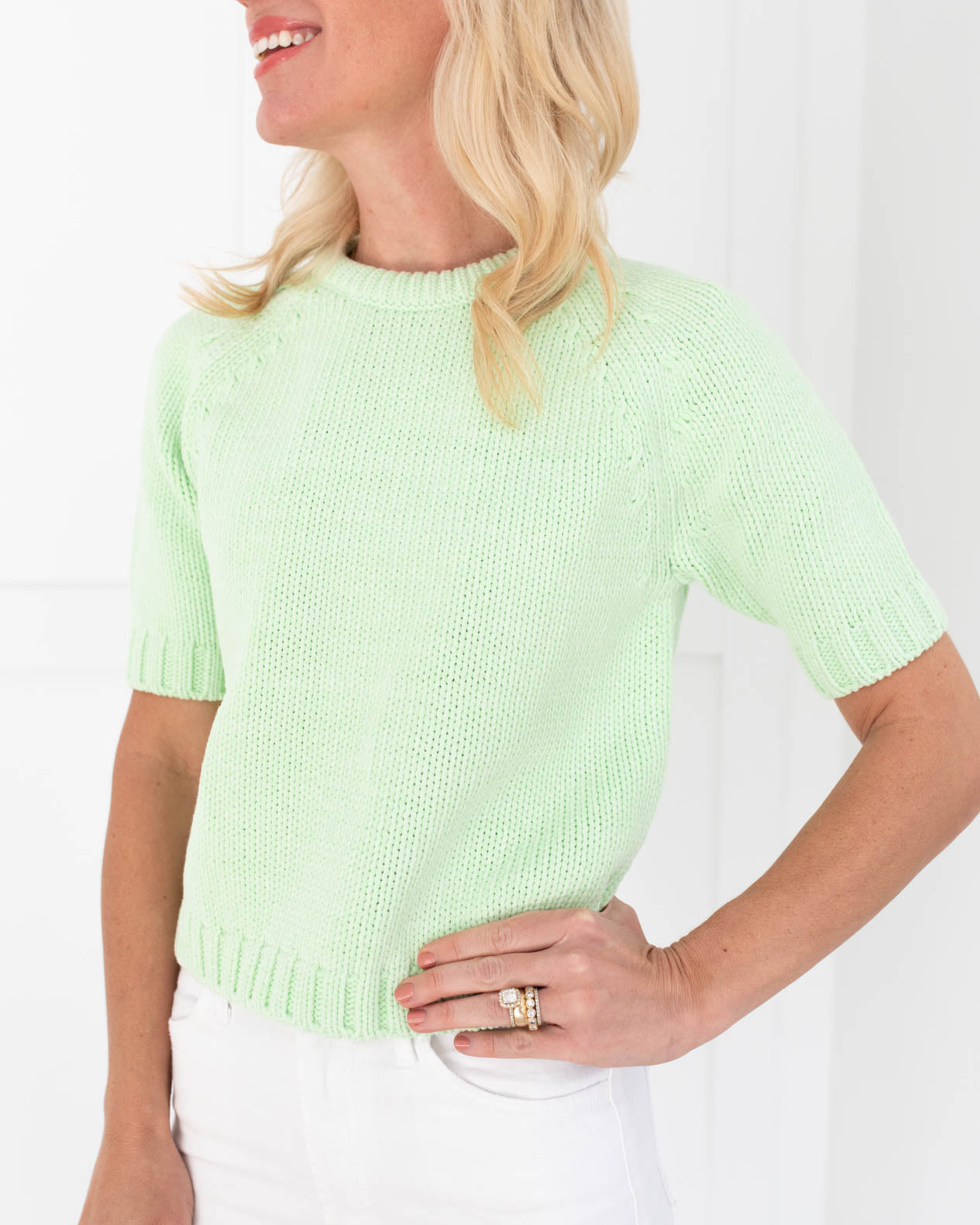 Short Sleeve Cotton Crewneck Sweater in Lime