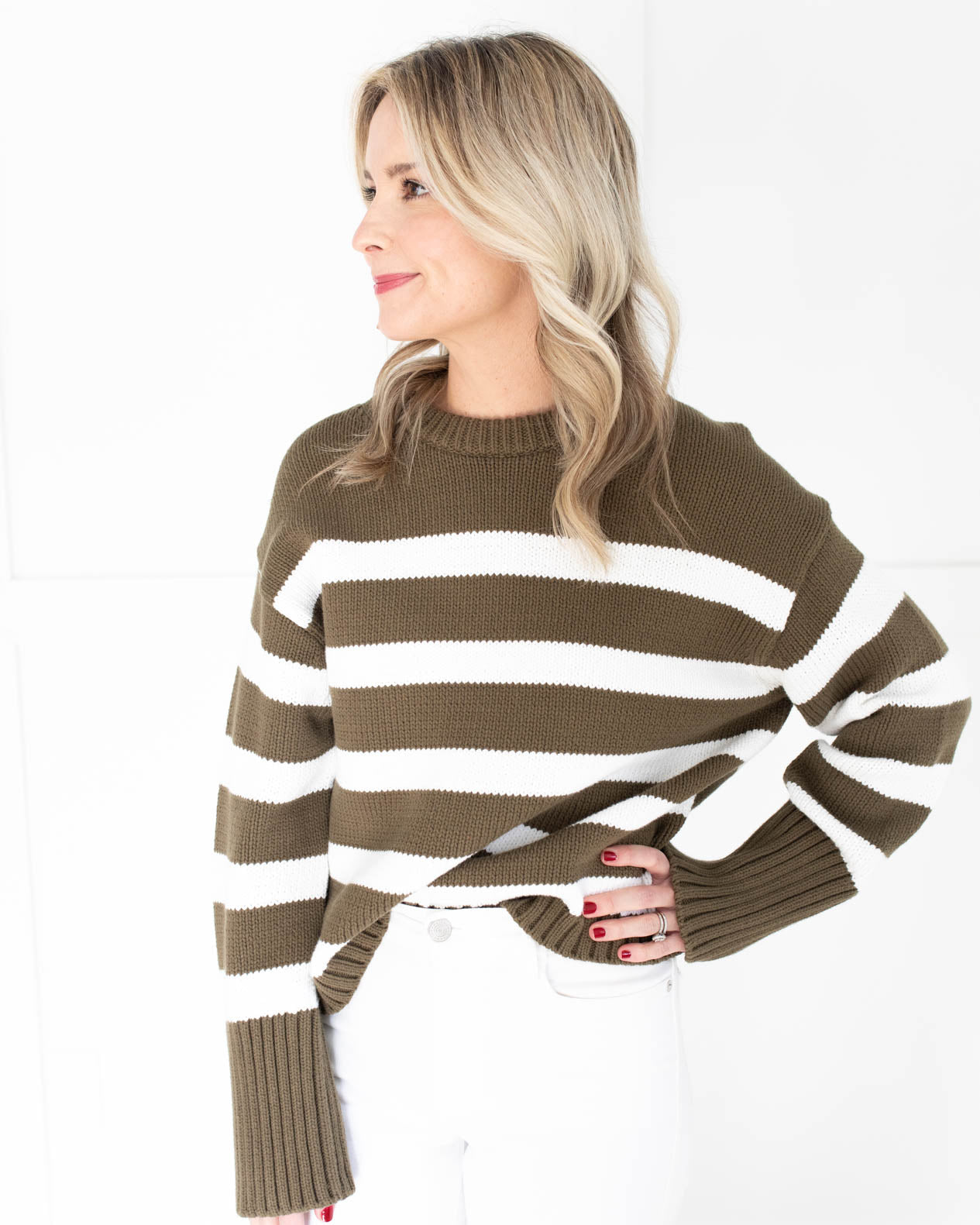 Olive and White Striped Crewneck Sweater