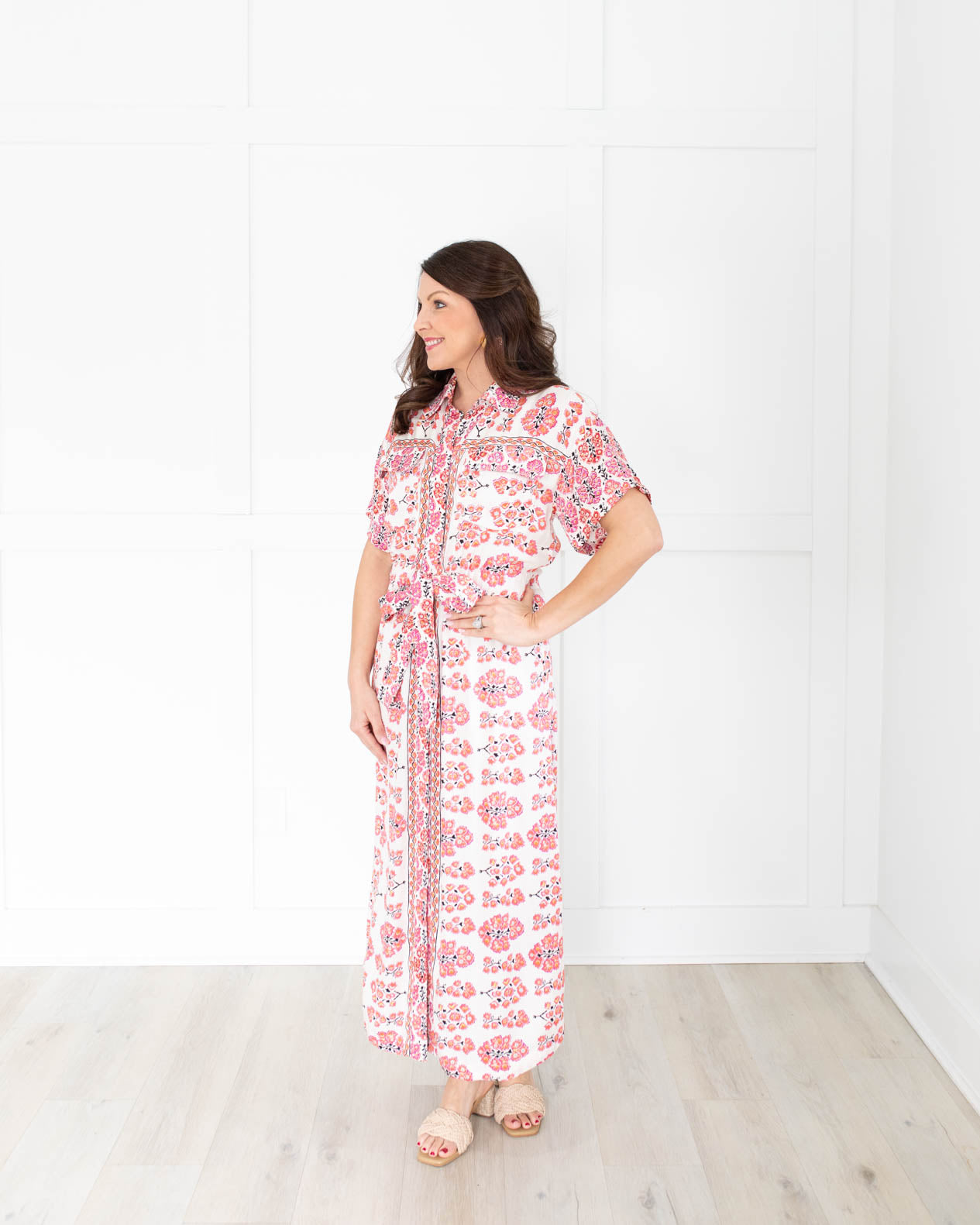 Pink and Ivory Shirt Dress with Front Pockets
