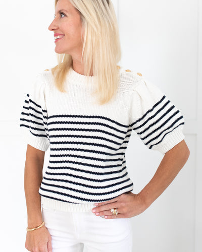 White/Navy Striped Short Puff Sleeve Sweater with Buttons