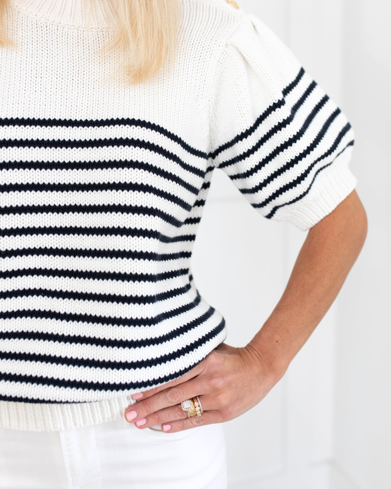 White/Navy Striped Short Puff Sleeve Sweater with Buttons