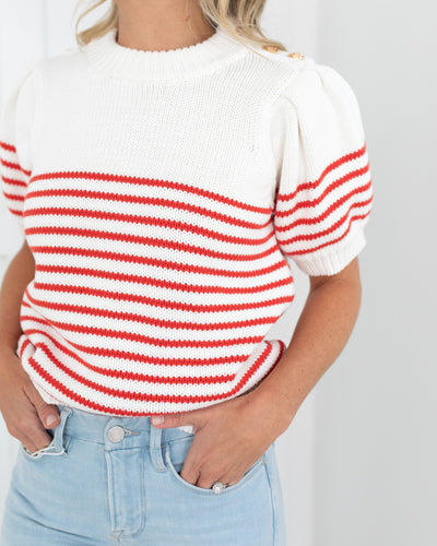 White/Red Striped Short Puff Sleeve Sweater with Buttons