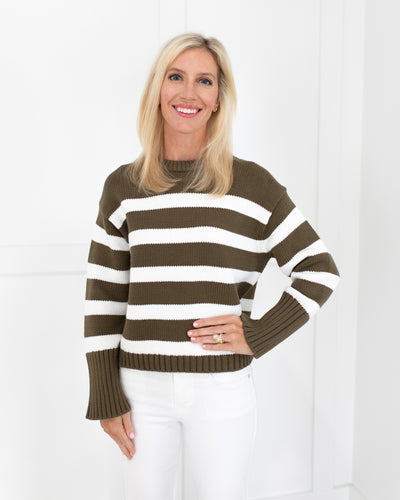 Olive and White Striped Crewneck Sweater