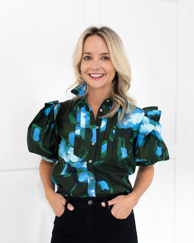 Dark Green with Blue Flowers Ruffle Shoulder Blouse