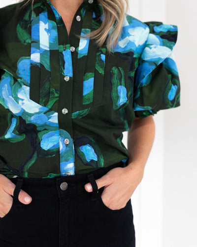 Dark Green with Blue Flowers Ruffle Shoulder Blouse