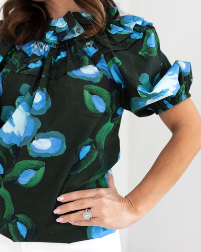 Dark Green with Blue Flowers Balloon Sleeves and Side Button Neck Blouse