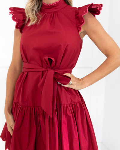 Red Sleeveless Dress with Scalloped Hem with Pink Trim