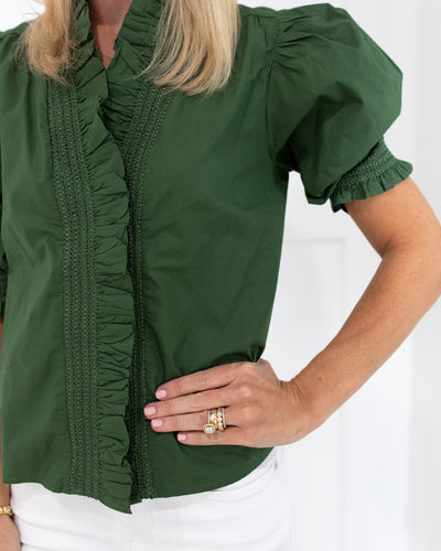 Olive Green Embroidered Ruffle Neckline Top