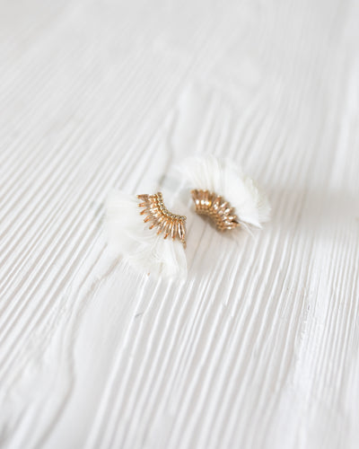 White Lux Mini Madeline Feather Earrings by Mignonne Gavigan