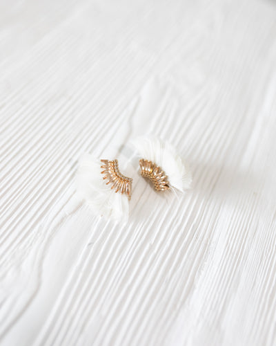 White Lux Mini Madeline Feather Earrings by Mignonne Gavigan