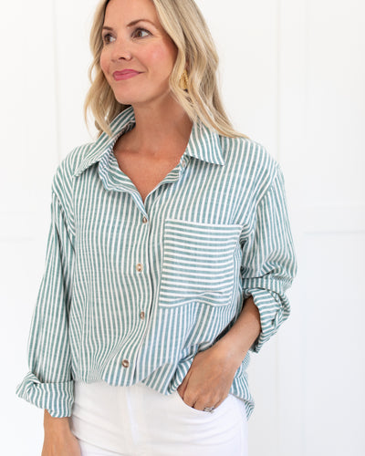 Green and White Striped Collared Shirt