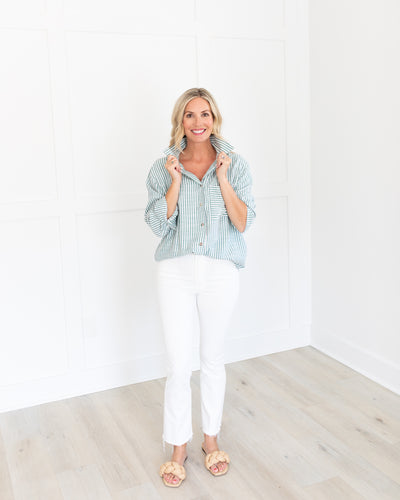Green and White Striped Collared Shirt