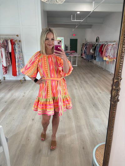 Neon Aztec Bubble Sleeve Mini Dress