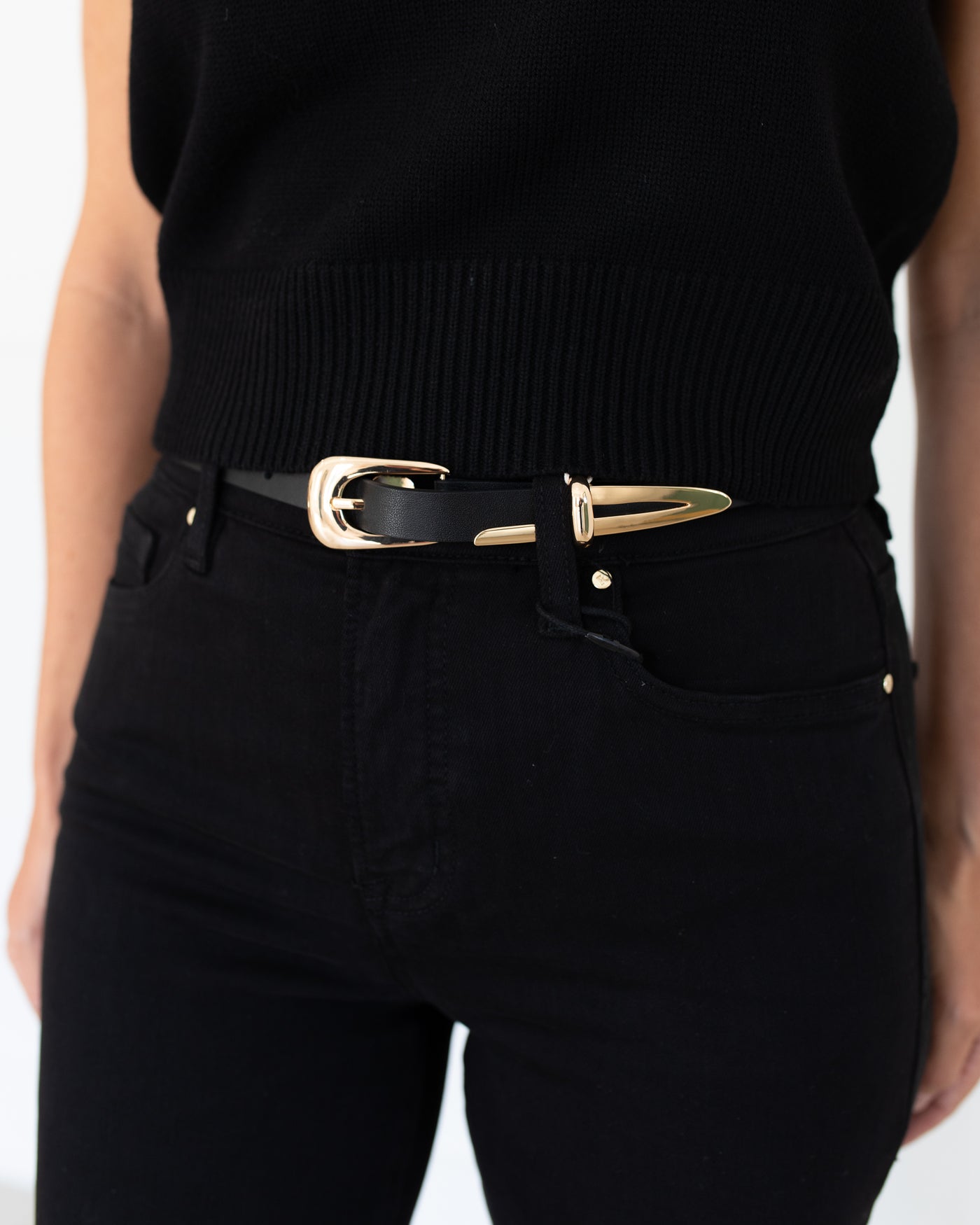 Black Leather Belt with Gold Detail