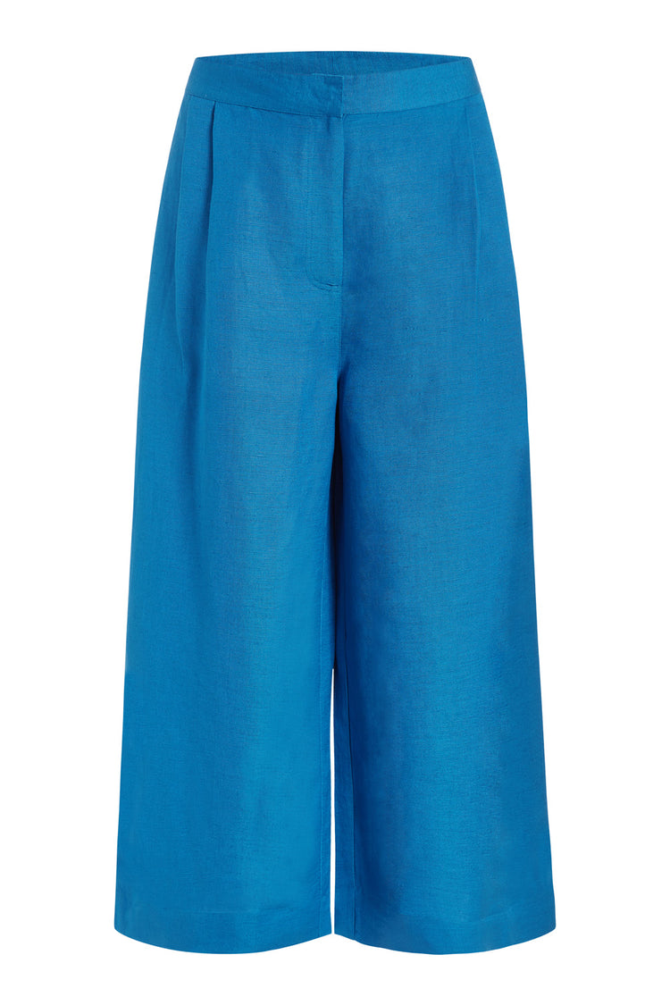 Teal Linen Wide Leg Cropped Pants