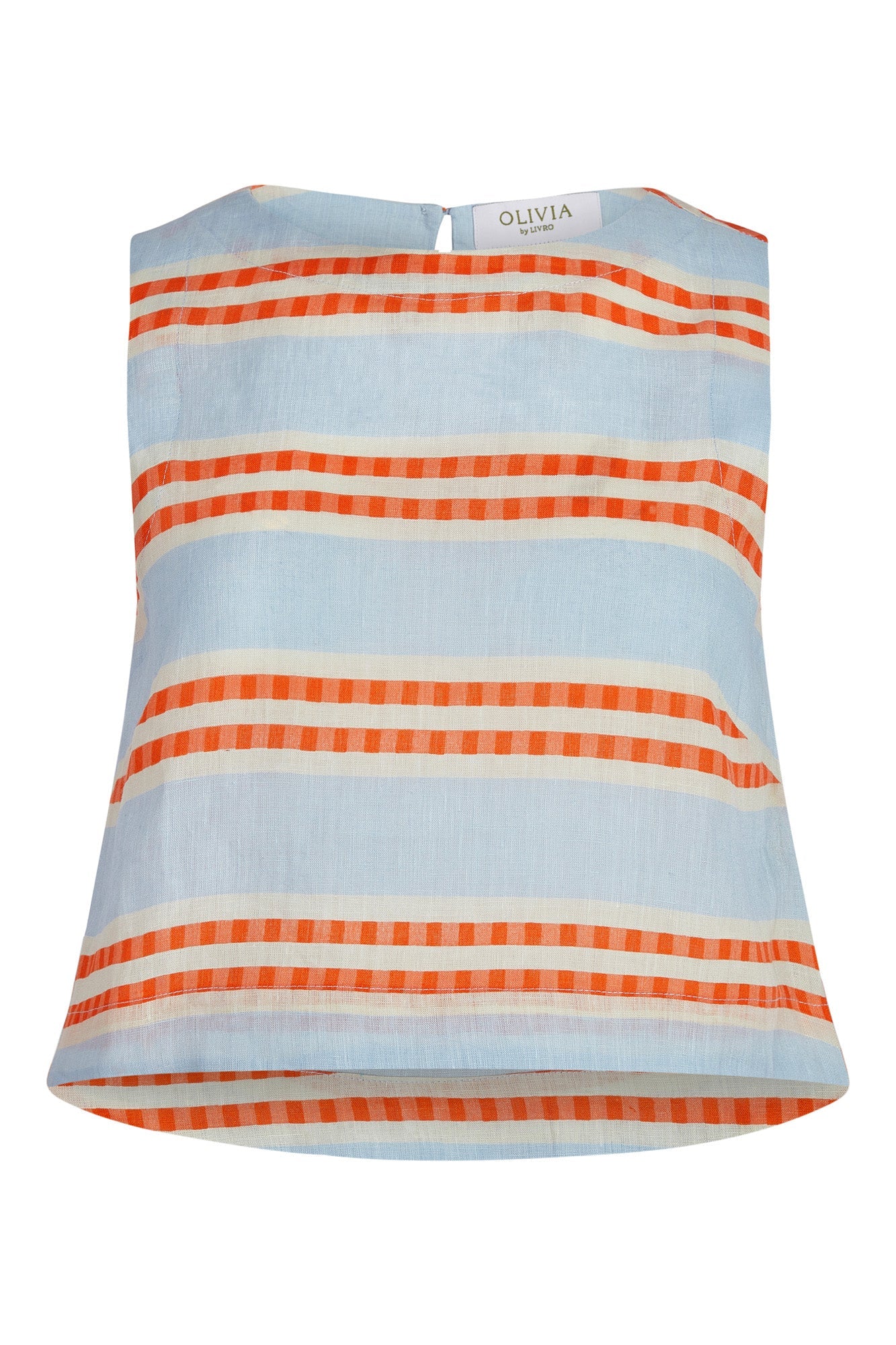 Blue and Coral High Neck, Sleeveless Striped Top