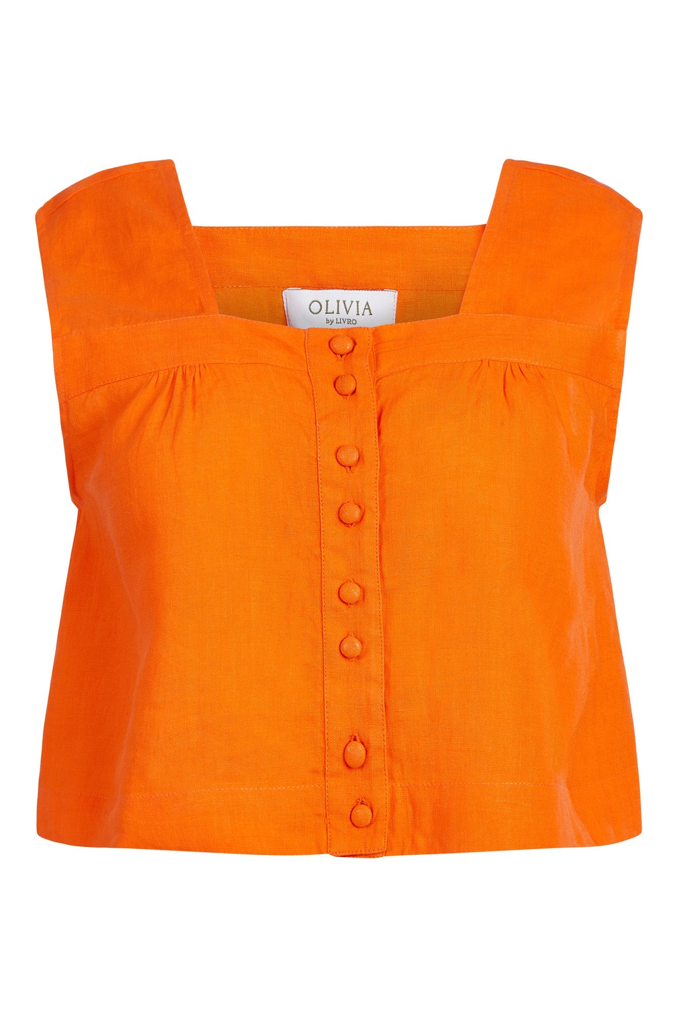 Orange Button Front Linen Crop Blouse