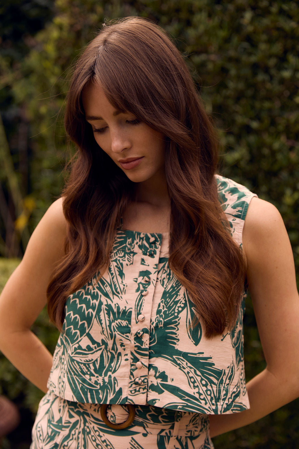 Peach and Green Floral Cropped Sleeveless Top