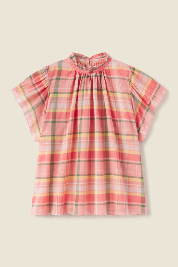 Marmalade Plaid High Neck Ruffled Collar and Wide Ruffle Sleeves Top
