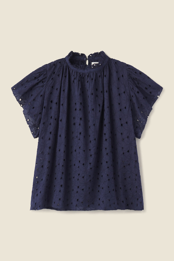 Navy Eyelet High Neck Ruffled Collar and Wide Ruffle Sleeves Top